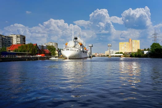 Urban landscape with views of the Pregolya river and ships. Kaliningrad, Russia