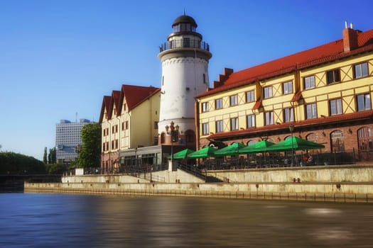 Cityscape with beautiful buildings by the river. Kaliningrad, Russia