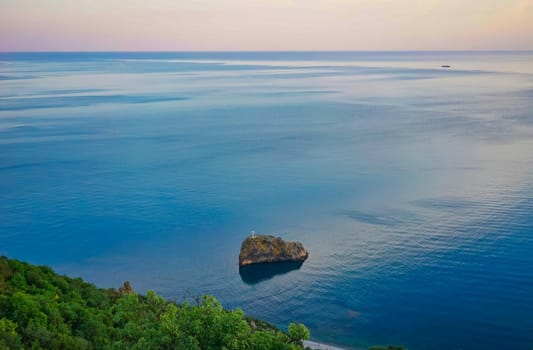 Seascape with coastline covered with vegetation.