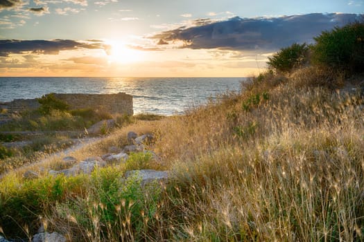 Sunset over the sea in the ancient city of Chersonesos