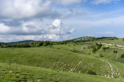Landscape with hills covered with green grass.