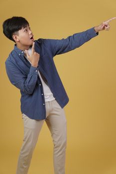 portrait of happy handsome young asian man dressed casually pointing fingers at copyspace. yellow studio background