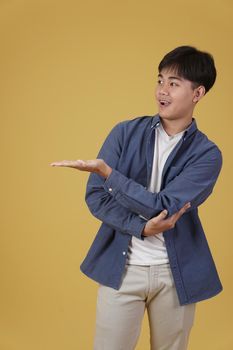 portrait of happy handsome young asian man dressed casually presenting with open palm hand gesture at copyspace isolated on yellow studio background