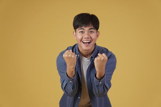 portrait of  glad cheerful happy rejoicing excited overjoyed young asian man dressed casually isolated on yellow studio background