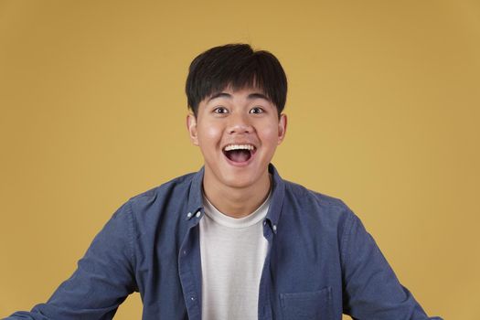 portrait of  glad cheerful happy rejoicing excited overjoyed young asian man dressed casually isolated on yellow studio background
