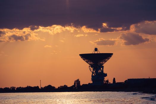 Radio telescope R-2500 RT-70 on the background of a beautiful sunset. Evpatoria, Crimea