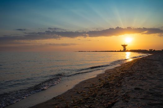 Radio telescope R-2500 RT-70 on the background of a beautiful sunset. Evpatoria, Crimea