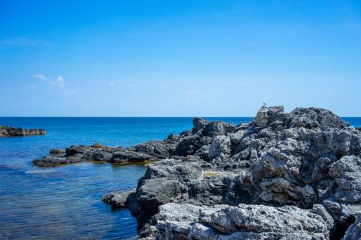 The steep and steep coast of Cape Tarkhankut and the deep Black sea in Crimea. Sunny day