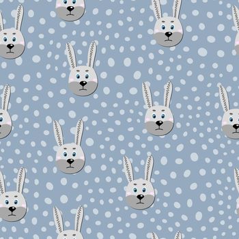 Vector flat animals colorful illustration for kids. Seamless pattern with cute hare face on blue polka dots background. Adorable cartoon character. Design for card, poster, fabric, textile. Rabbit