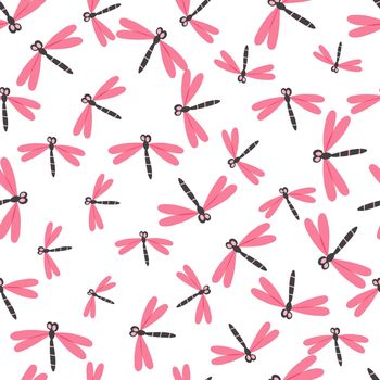 Seamless pattern with color dragonfly on white background. Romantic vector illustration. Adorable cartoon character. Template design for invitation, cards, textile, fabric. Doodle style