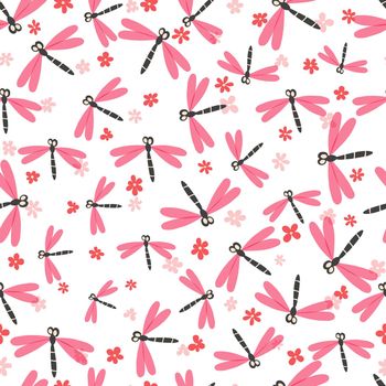 Seamless pattern with color dragonfly and flowers on white background. Romantic vector illustration. Adorable cartoon character. Template design for invitation, textile, fabric. Doodle style.