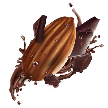 Almond, chocolate pieces and chocolate splashes on a white background. Realistic style illustration.