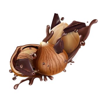 Hazelnuts, chocolate pieces and chocolate splashes on a white background. Realistic style illustration.