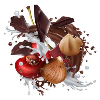 Hazelnuts and cherries with chocolate pieces and splashes of chocolate and milk on a white background. Realistic style illustration.