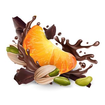 A slice of tangerine with pistachios and chocolate pieces and splashes on a white background. Realistic style illustration.