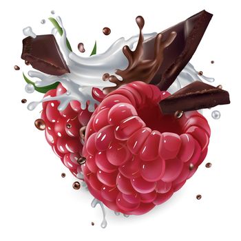 Fresh raspberries and chocolate pieces with a splash of milk on a white background. Realistic style illustration.