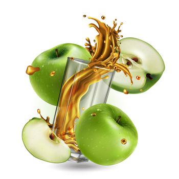 Composition of green apples surrounding a glass with a dynamic splash of fruit juice. Realistic style illustration.