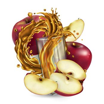 Composition of red apples surrounding a glass with a dynamic splash of fruit juice. Realistic style illustration.