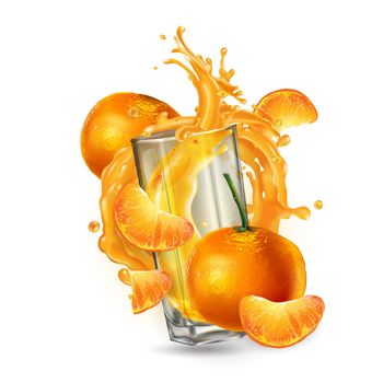 Composition of mandarins surrounding a glass with a dynamic splash of fruit juice. Realistic style illustration.