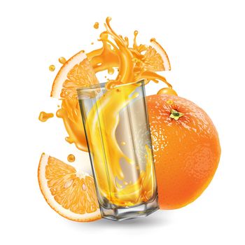 Composition of fresh orange and a glass with a dynamic splash of fruit juice. Realistic style illustration.