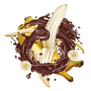 Ripe bananas and a splash of liquid chocolate on a white background. Realistic style illustration.