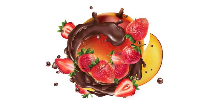 Fresh mango with strawberries in chocolate splashes on a white background. Realistic style illustration.