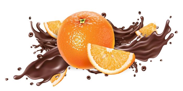 Whole and sliced oranges and a splash of liquid chocolate on a white background. Realistic style illustration.