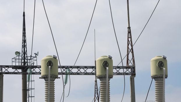 Aerial view Power plant, transformation station, cables and wires. Electrical power transformer in high voltage substation. High voltage electric power substation.