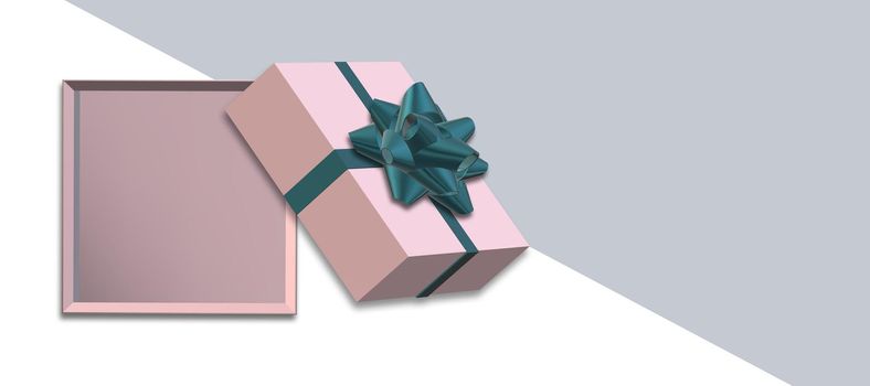 Gift box with green bow top view on white grey background. Pink box flat lay, place for text, mock up. Valentines, love design, sale, surprise, gift, birthday, wedding, Valentines 3D render