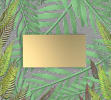 Tropical leaves on dark blue background. Gold gift label for mock up. Exotic botanical design. Mock up. 3D illustration