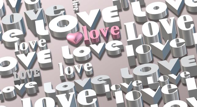 Gold multi words LOVE on pastel pink background, 3D pink heart. Valentines, Love, party invitation, mothers day, 8th March, wedding, greeting card. Place for text. Elegant pink love design. 3D render