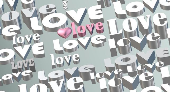 Gold multi words LOVE on pastel green background, 3D pink heart. Valentines, Love, party invitation, mothers day, 8th March, wedding, greeting card. Place for text. Elegant pink love design. 3D render