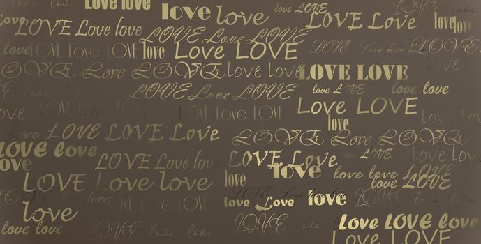 Gold multi words LOVE on pastel brown background, 3D illustration