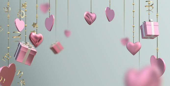 Pink hanging hearts, 3D gift boxes, confetti on pastel green background. Valentines, Love, party invitation, mothers day, 8th March, wedding, greeting card. 3D illustration