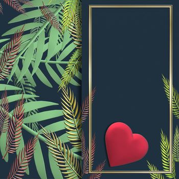 3D heart on exotic, tropical leaves trendy background over dark blue. Valentines, love, marriage unusual elegant design. 3D illustration