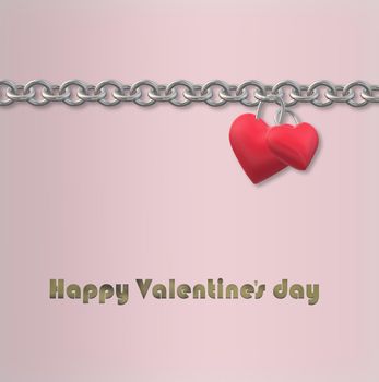 Two linked hearts hanging on chain on pink background with text Happy Valentines day. Valentines card, love design, couple concept. 3D rendering