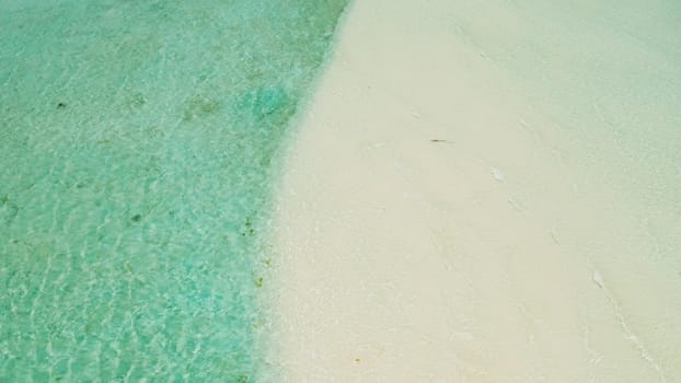 Tropical sandy beach with wave and turquoise water,copy space for text, aerial view. Sea water surface in lagoon. Transparent turquoise ocean water surface. Background texture