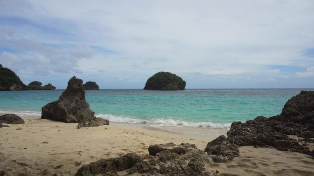Beach, sea, sand,wave. Tropical beach, blue sky, clouds. Seascape ocean and beautiful beach paradise. Philippines Boracay Travel concept