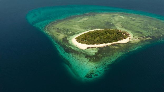 Tropical island in the blue sea with coral reef, top view. Small island with sandy beach. Summer and travel vacation concept, Mantigue island, Philippines, Mindanao
