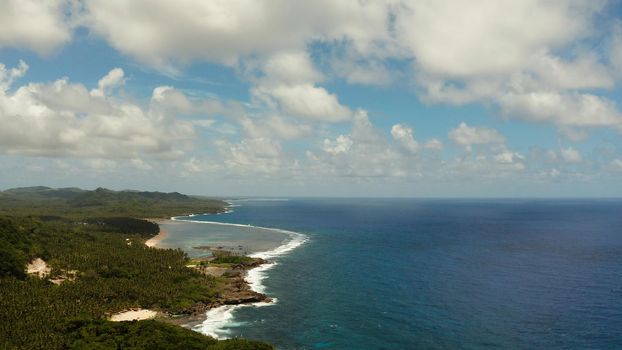 Tropical island with forest and ocean with surf and coral reef top view. Summer and travel vacation concept