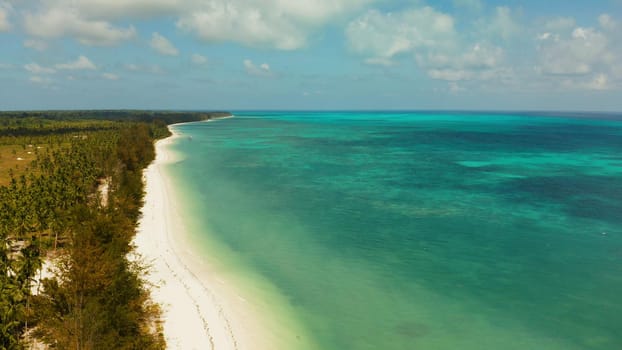 Tropical island with sandy beach by atoll with coral reef and blue sea, aerial view. Bugsuk Island with sandy beach. Summer and travel vacation concept.