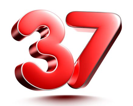 Red numbers 37 isolated on white background illustration 3D rendering with clipping path.