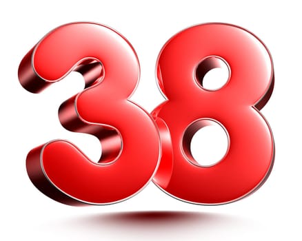 Red numbers 38 isolated on white background illustration 3D rendering with clipping path.