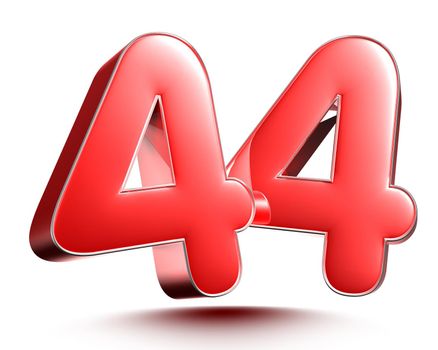 Red numbers 44 isolated on white background illustration 3D rendering with clipping path.