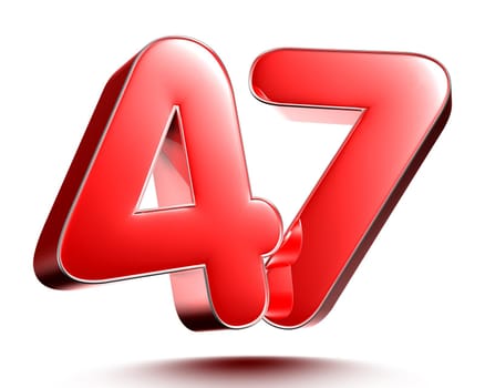 Red numbers 47 isolated on white background illustration 3D rendering with clipping path.