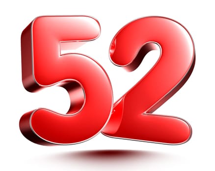 Red numbers 52 isolated on white background illustration 3D rendering with clipping path.