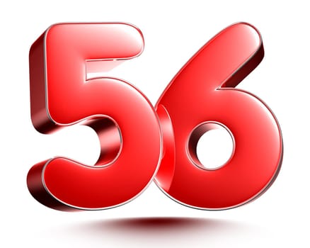 Red numbers 56 isolated on white background illustration 3D rendering with clipping path.