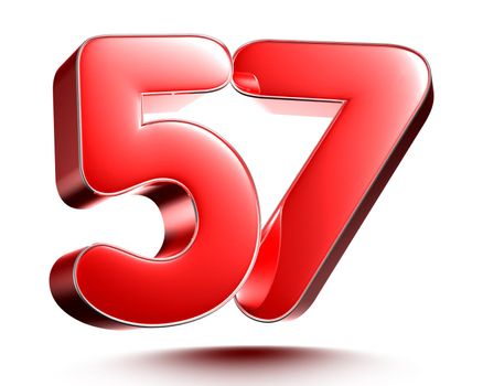 Red numbers 57 isolated on white background illustration 3D rendering with clipping path.