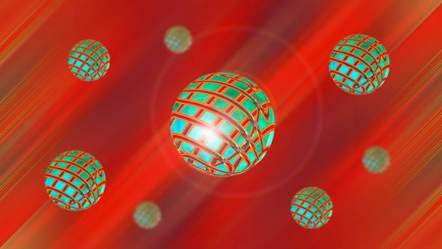 Abstract red background with green spheres. 3d image.