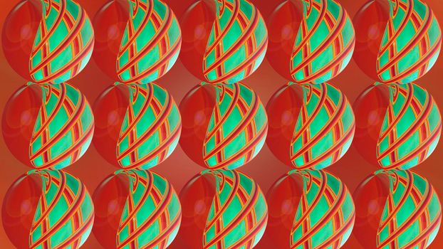 Abstract red background with green spheres. 3d image.